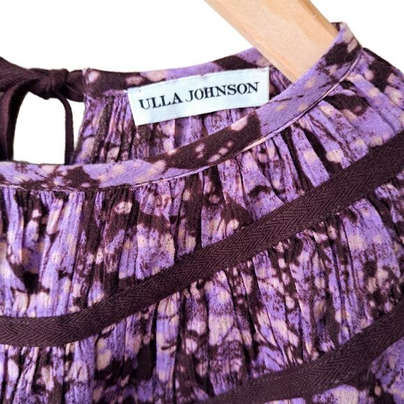ULLA JOHNSON Amai Blouse Purple Batik Top Size 2 Small Flutter Sleeve Boxy - Picture 9 of 15